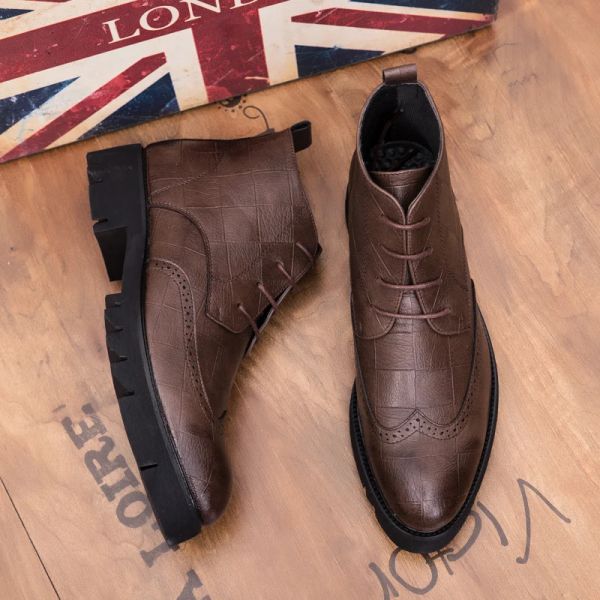 Сапоги стильные сапоги для лифта мужчины misalwa High Top Brogue Men Boots Platform Oxford Shoes for Men Formal Dress Boots