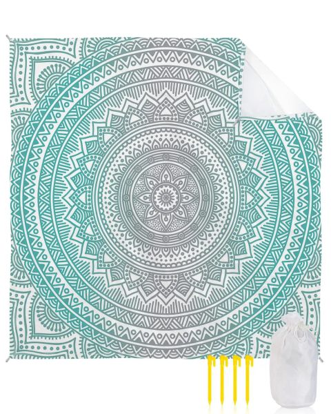 Cobertor de praia floral ombre com mandala teal, cobertor de praia à prova de areia, tapete de praia grande para adultos, cobertor de acampamento ao ar livre para viagens