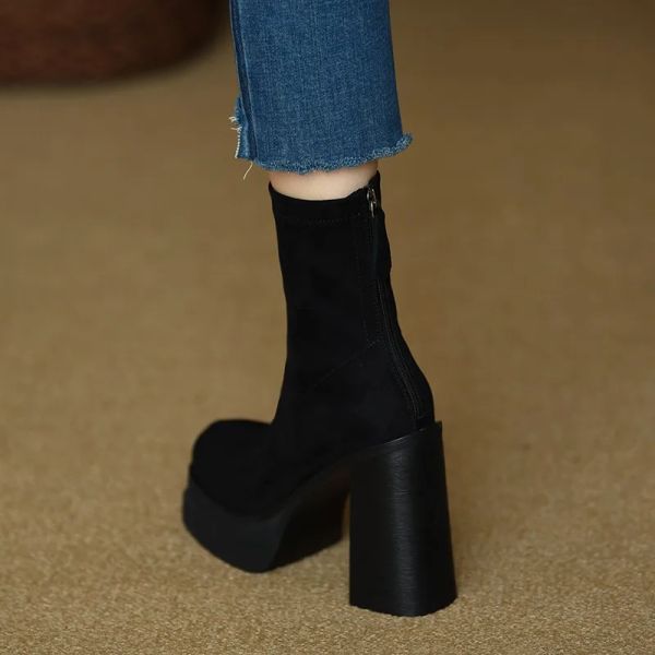 Botlar Kadınlar İçin Ayakkabı 2023 Moda Kış Kadınları Botlar Orta Katil Düz Renk Flock Yüksek Topuklu Su geçirmez fermuar tıknaz topuk ayakkabıları kadın