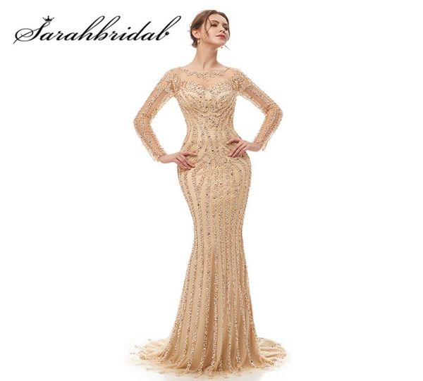 Immagine reale Abito da sera a maniche lunghe 2019 Oneck Illusion Zipper Elegante sirena che borda paillettes con strascico Abito da ballo3232489