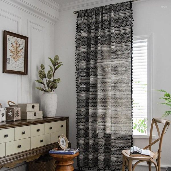 Cortina blackout onda preto e branco cortinas na sala de estar jacquard semi-sombreamento terminado com borla decoração para casa