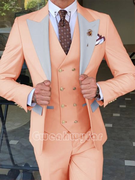 Костюмы Gwenhwyfar Custom Made Classic Peach Groom Tuxedo Groomsmen Gold Button