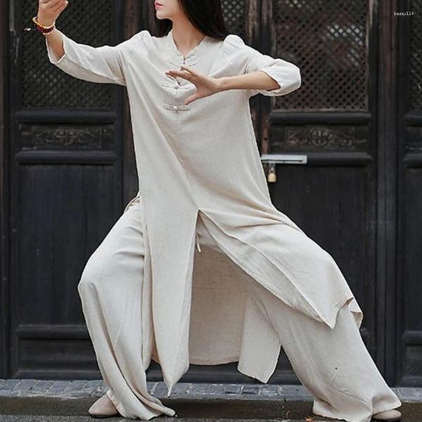 Abbigliamento da palcoscenico Uniforme da donna 2 pezzi Set Abito tradizionale cinese Tang Tai Chi Femminile Hanfu orientale Abito in cotone e lino Pantaloni a gamba larga