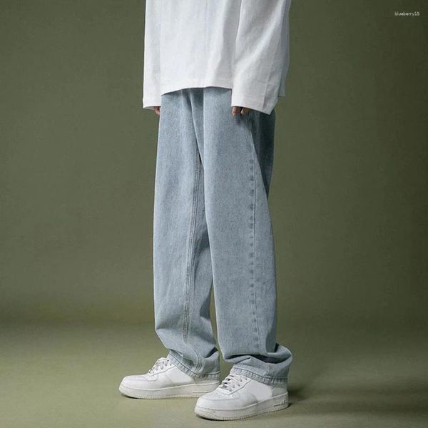 Calças de brim masculinas confortáveis moda diária férias calças calças estudante verão cintura larga perna larga mistura de algodão estilo coreano