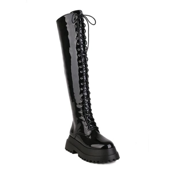 Botas Overtheknee Laceup Natal botas de moda grande tamanho grande tecido lateral lateral botas de carnaval botas impermeáveis mulheres mulheres