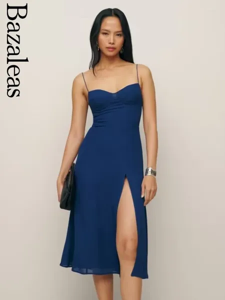 Vestidos Casuais Bazaleas Loja Elegante Azul Escuro Mulheres Retro Slim Spaghetti Straps Vestido Sexy Split Tube Top Party 2024