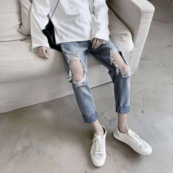 Verão instagram personalizado joelho coxa jeans perfurados masculino colheita solta original estilo su casal calças mendigo