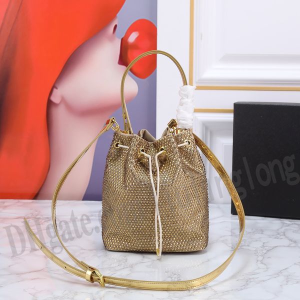 Designer-Tasche, Kristall-Eimertasche, Mini-Umhängetaschen aus Kristall-Satin-Material, Damen-Tragetaschen, Umhängetasche, Glod-Splitter, lila Handtasche für Damen-Schultertaschen