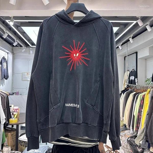 Hoodies dos homens Fasion Vintage Lavado Bordado Sol Padrão Hoodie Homens Mulheres Top Quality Moletons Oversize Pullovers Com Capuz Techwear