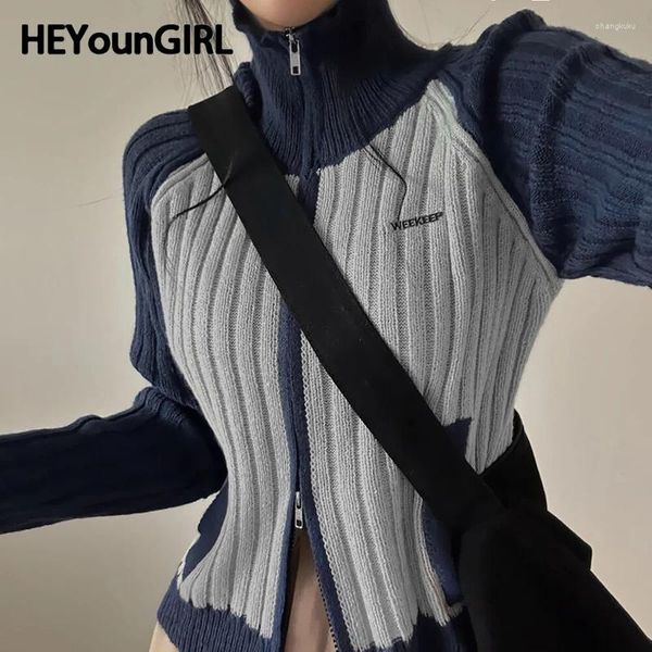 Malhas femininas heyoungirl coreano mulheres contraste cor zíper camisola inverno streetwear básico azul manga longa gola alta cardigans malhas