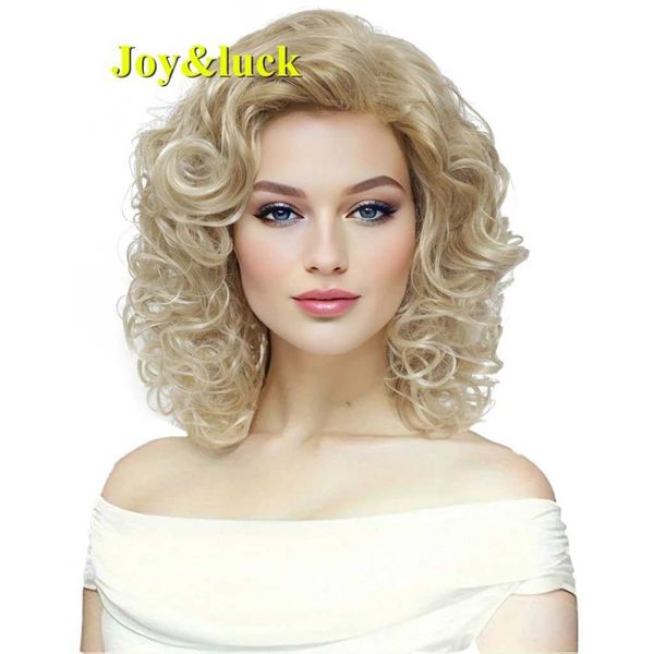 Sentetik peruklar sevinç şansı kısa kıvırcık peruk sentetik saç perukları altın karışım sarışın renk kadınlar patlama ile tam peruk doğal günlük saç stili 240327