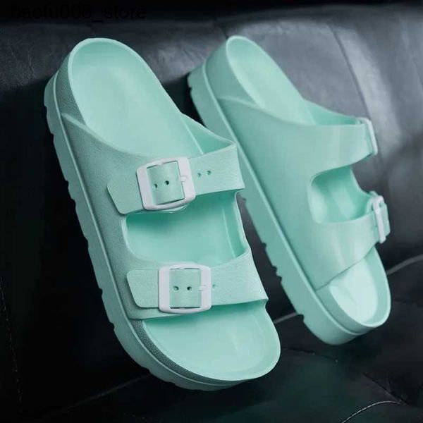 Chinelos elegante novo EVA grosso único slider adequado para mulheres confortáveis ​​vestindo slider de praia botão duplo luz antiderrapante slider sapatos de geléia Q240318