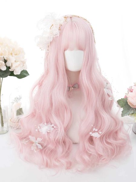 Perucas sintéticas 26 polegadas pêssego rosa cor perucas sintéticas com bang longo natural ondulado peruca de cabelo para mulheres uso diário cosplay resistente ao calor 240318