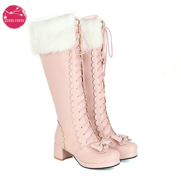 Botas plus size size winter feminino de casamento sapatos de noiva branca rosa pescoço arco de babados princesa uniforme lolita cosplay jk joelho botas altas