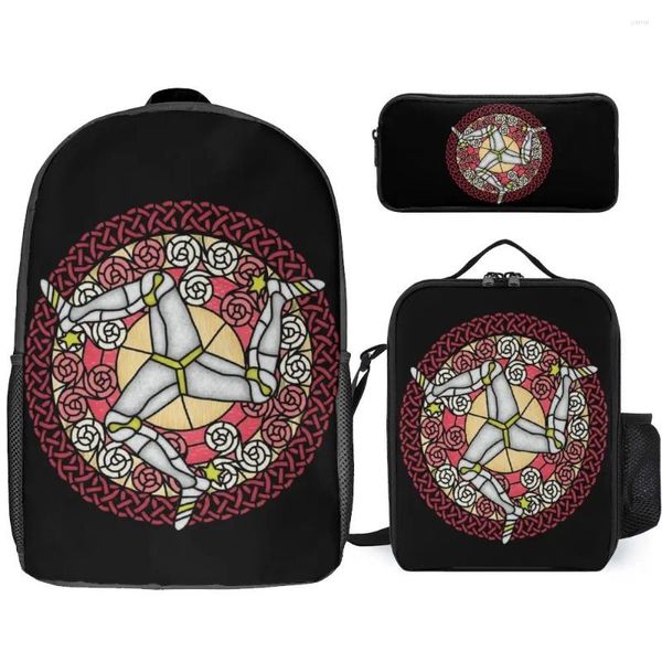 Rucksack, 3-in-1-Set, 43,2 cm (17 Zoll), Lunchtasche, Stift, Isle of Man, Buntglas-Poster, zum Verkauf, langlebig, klassisch, gemütlich, für Schulen, Feldpackung