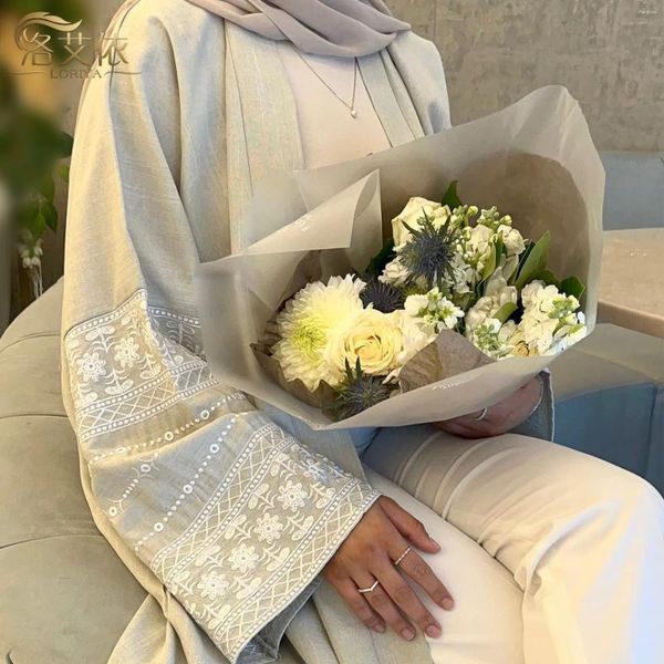 Roupas étnicas Ramadan Algodão Linho Aberto Abaya Mulheres Muçulmanas Vestido Modesto Eid Bordado Dubai Islam Turquia Vestidos Soltos Manga Longa Kaftan