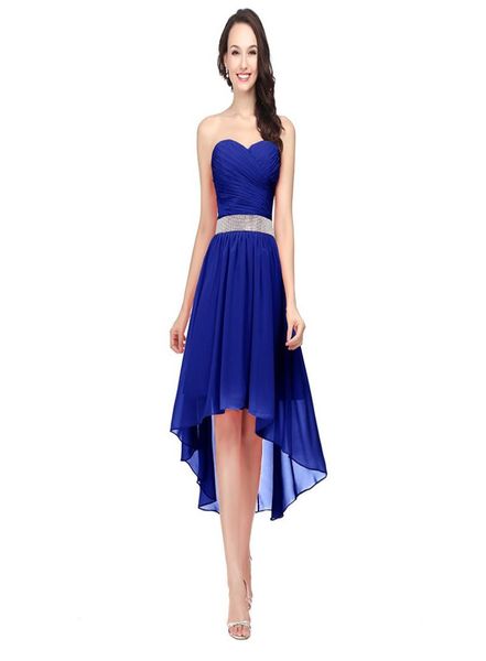 Königsblaue Brautjungfernkleider High Low Sweetheart Perlen Schärpe Schnürung am Rücken Günstige Chiffon bescheidene Hochzeitsfeierkleider SD4004988428