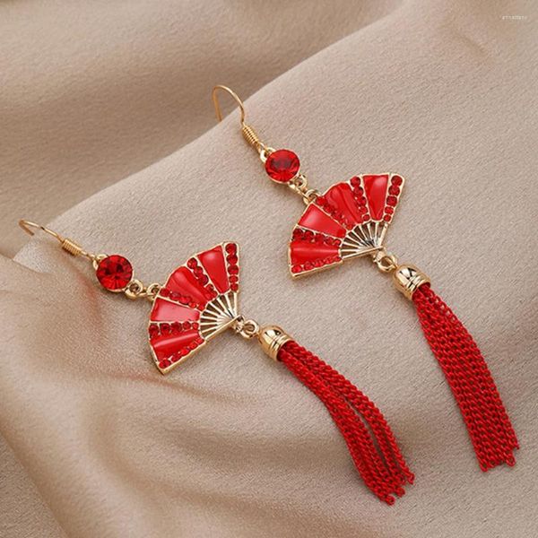 Brincos pendurados vermelho elegante moda estilo chinês enfeites de férias brinco fino acabamento ventilador dobrável festivo
