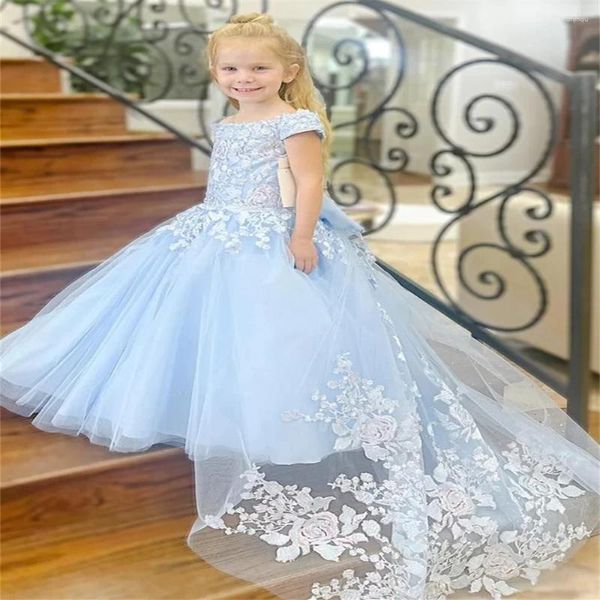 Mädchenkleider Hellblaue Blume für Hochzeit Spitze Tüll Flauschige Applikation Party Prinzessin Kleid Erstkommunion Ballkleider