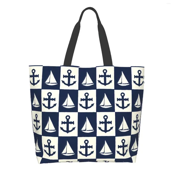 Einkaufstaschen, blau, nautischer Anker, Boot, Segelboot, Marineblau, Weiß, Vintage-Kunst, Canvas-Einkaufstasche für Frauen, Wochenende, Küche, Lebensmittelgeschäft