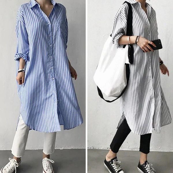 Camicette da donna Camicia primaverile da donna Stampa a righe di colore a contrasto Maniche lunghe Cardigan monopetto Pantaloni abbinati Orlo diviso Stile Su