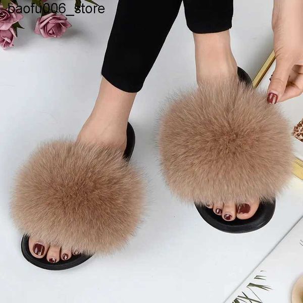 Chinelos Mulheres verão casual fofo slider com pele plana anti deslizamento real pele de raposa slider sapatos de grande porte sandálias de pele entrega gratuita Q240318