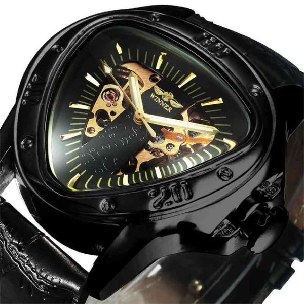 WINNER Offizielle Uhren Herren Automatische mechanische Uhr für Männer Top-Marke Luxus Skelett Dreieck Gold Schwarz 2103292066