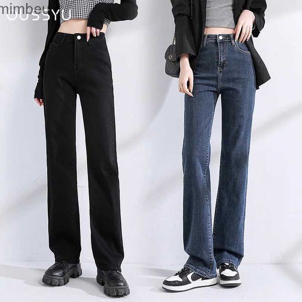 Jeans femininos OUSSYU Jeans Mulheres Retas Algodão Cintura Alta Calças Jeans Cor Sólida Preto Azul Estiramento Moda Urbana Vintage Baggy Calças C24318