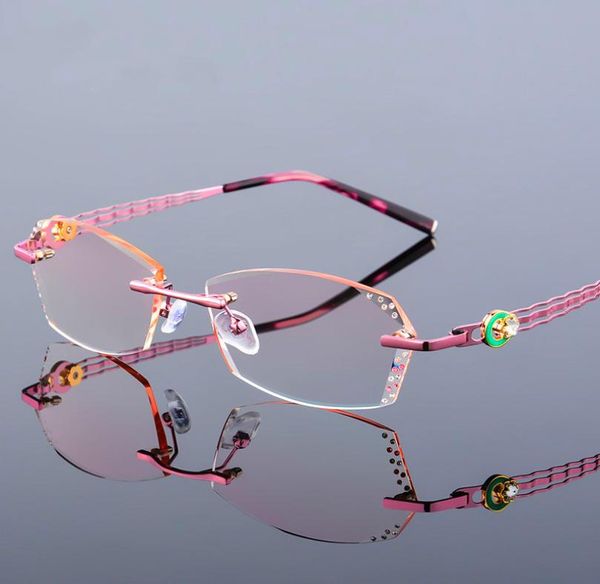 Hohe Klare Anti Reflektierende Strass Lesebrille Frauen Rosa Brillen Diamant Schneiden Randlose Presbyopie Brillen New8001440