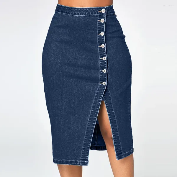 Юбки больших размеров, женская джинсовая юбка до половины тела, модная, с высокой талией, тонкая, на пуговицах-карандаш, с разрезом, однотонная, повседневная