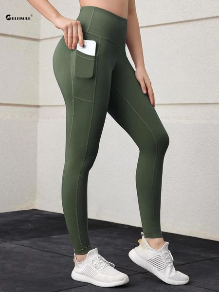 Calças ativas CHRLEISURE Leggings esportivas com bolsos sem costura Yoga BuLifting Workout Ruched Collants Elastic Activewear