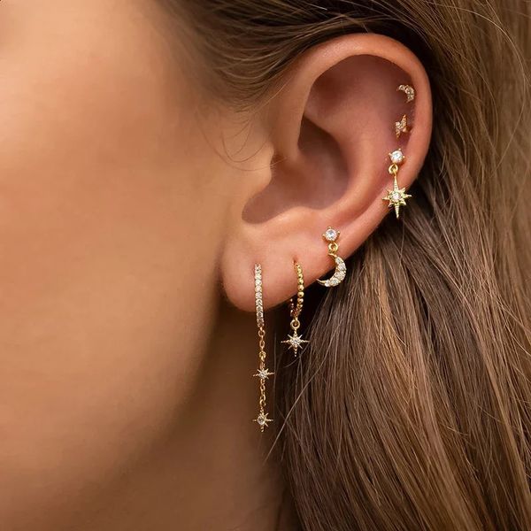 Design Gold Farbe Ohrringe Set für Frauen Mode Zirkon Stern Mond Kette Piercing Baumeln Ohrringe Schmuck Großhandel 240312