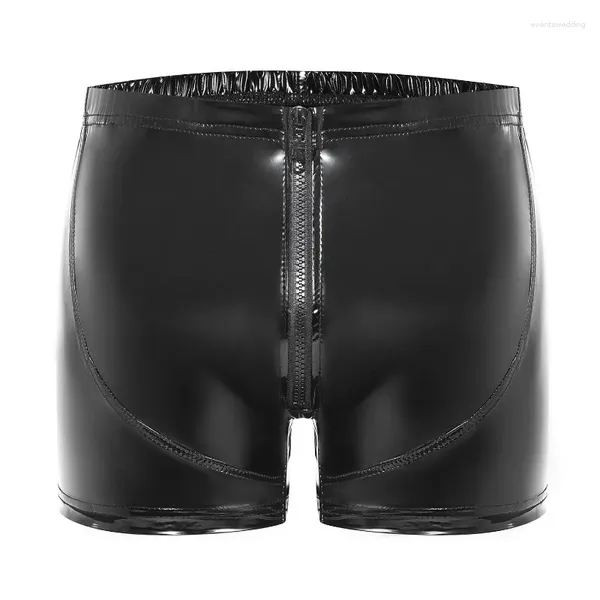 Shorts masculinos boxer aberto zíper roupa interior látex calças curtas wetlook patente couro bottoms lingerie erótica sexy