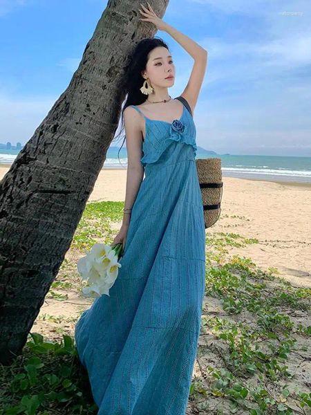 Lässige Kleider Romantische Französisch Blau Elegante Hohe Taille Rose Slip Langes Kleid Sommer V-ausschnitt Urlaub Sexy Club Backless Rüschen rand 2024