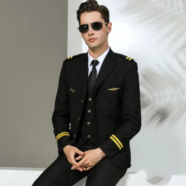 Giacche da uomo a 2 linee abiti da pilota delle compagnie aeree giacche uniformi per capelli vestito nero abbigliamento da lavoro di grande dimensione maschio maschio