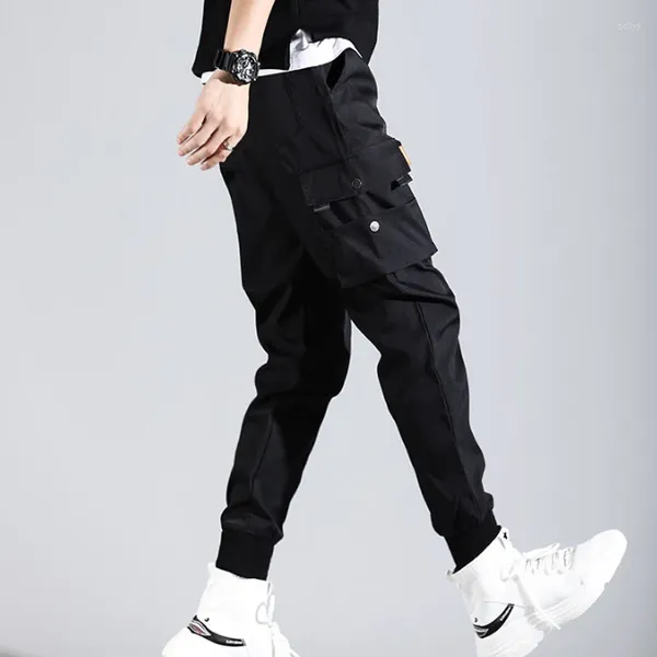 Calças masculinas homens harem hip hop corredores carga multi-bolso fitas sweatpants casual cordão streetwear