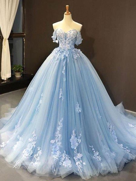 Abito da ballo azzurro fata Abiti quinceanera Elegante con spalle scoperte Applicazioni di pizzo Tulle Lungo Adolescenti Dolce 15 Abiti da 16 ano Abiti da ballo da sera BC18409