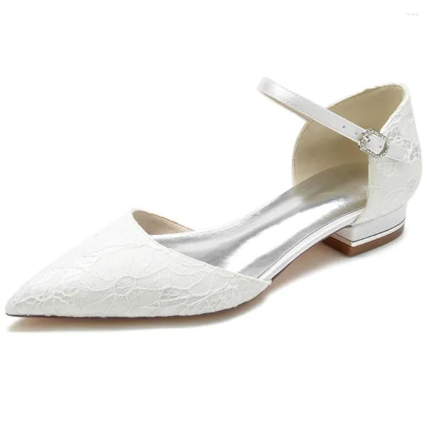 Sandali Donna 2 cm Tacco piatto Punta a punta Pizzo Faccia Matrimonio Sposa Damigella d'onore Bianco Avorio Nero Blu pesante Champagne Scarpe Abito