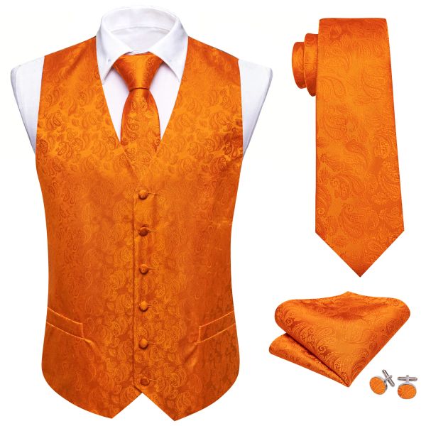 Gilet Gilet di seta di lusso per uomo Gilet di fiori con motivo cachemire arancione Set di cravatte Giacca senza maniche da lavoro formale da matrimonio per feste Barry Wang