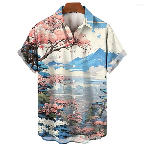 Camisas casuais masculinas havaianas para homens paisagem impressão praia manga curta tops blusa 2024 camisa oversized mens designer roupas de alta qualidade