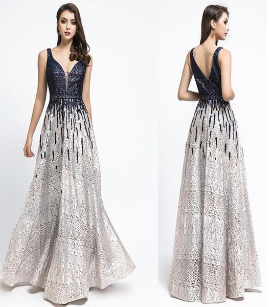 Robe De Soiree Gatsby 2019 Роскошные черные вечерние платья ALine с блестками yousef aljasmi сексуальные платья с v-образным вырезом и бисером, кристально-арабские платья для выпускного вечера8022073