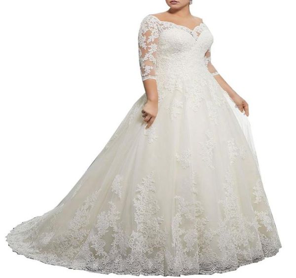 Splendidi abiti da sposa taglie forti in pizzo invernale con 34 maniche lunghe con scollo a V applicazioni abito da sposa formale arabo personalizzato2614690