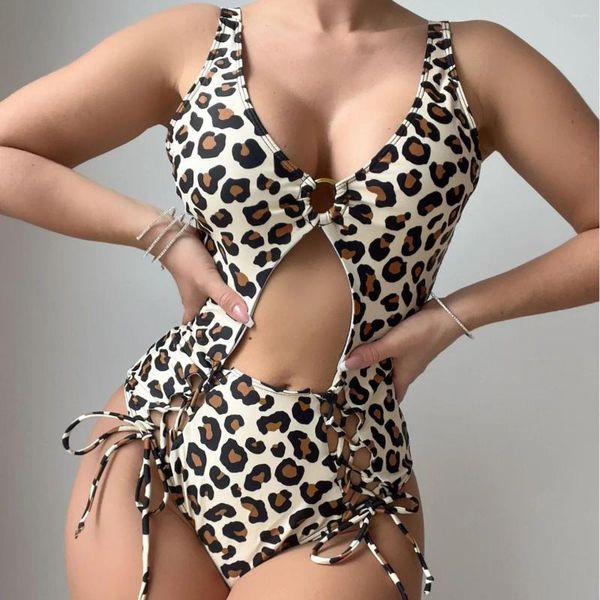 Kadın Mayo Seksi Leopar Baskı Kadınlar İçin Tek Parça Mayo High Cay Hollow Out Drawstring Bikini Monokini 2024 V-yaka Arka