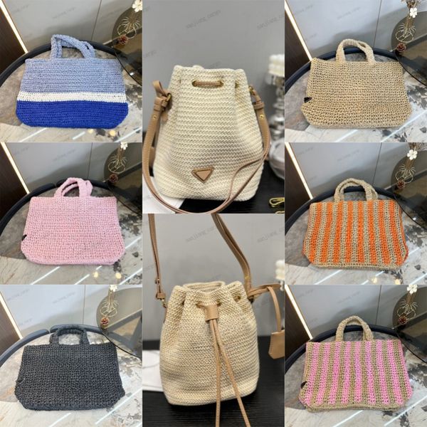 Designer balde bolsa triângulo logotipo praia saco de compras mulheres trançado ráfia palha sacos grande capacidade casual tote oco verão praia férias bolsa de ombro