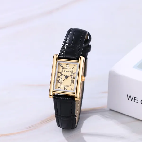 Relógios de pulso Lancardo Couro Retangular Mulheres Pequeno Relógio Prata Numerais Romanos Premium PU Strap Preto Feminino Requintado