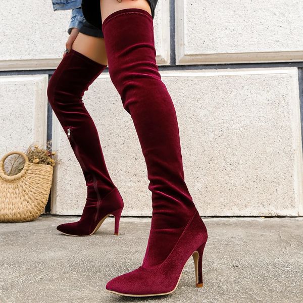 Stiefel sexy rote High Heels Oberschenkel hohe Stiefel Frauen 2023 Winter Samt Stretch Long Boots Frau Plus Size 43 Dünne Heeled Party Schuhe