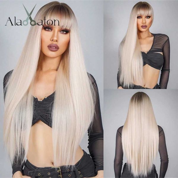 Perucas sintéticas ALAN EATON Long Platinum Blonde Straight Wigs com franja para mulheres negras Natural Looking Light Blonde Wig Cabelo de alta temperatura 240328 240327