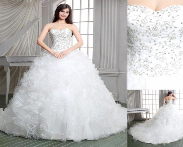 Immagini reali Abito da ballo Abiti da sposa firmati da chiesa Applique di lusso Lace Up Court Train Abiti da sposa trasparenti Sweetheart Ruffled1247305