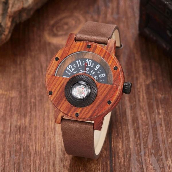 Orologi da polso Orologio in legno naturale Tavolo rotante da uomo Quadrante con bussola Vero noce Ebano Bambù Marrone Concept Orologio al quarzo