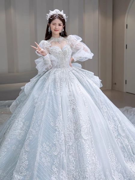 Modesto cielo blu maniche lunghe abito da ballo abiti da sposa nappe di perle cristallo bianco bling abiti da sposa da spiaggia Sweep Train Plus Size abito da sposa da sposa vestido de novia